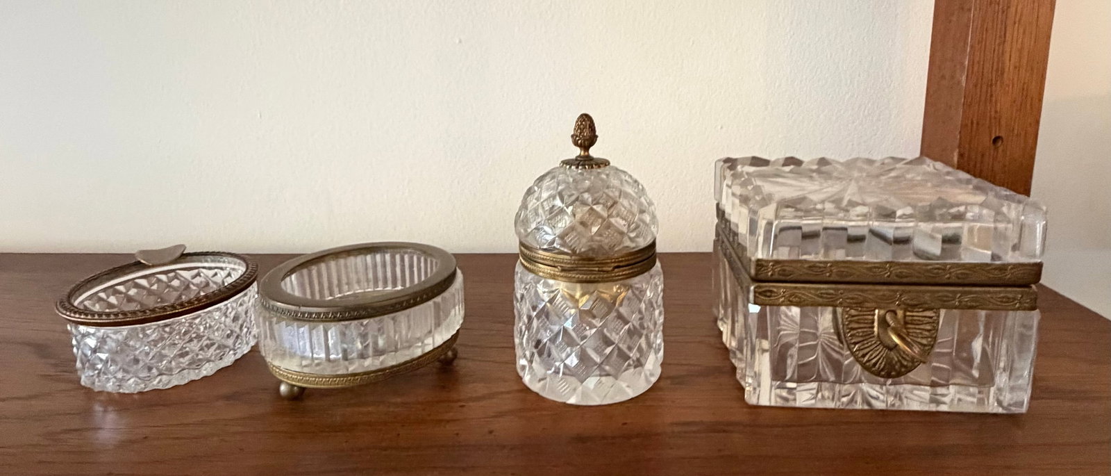 Collection of Four Antique Cut Glass and Gilt Metal Dresser Boxes, likely 19th Century - 2