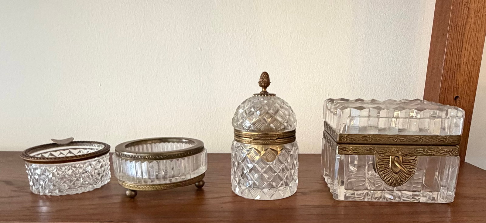 Collection of Four Antique Cut Glass and Gilt Metal Dresser Boxes, likely 19th Century - 3