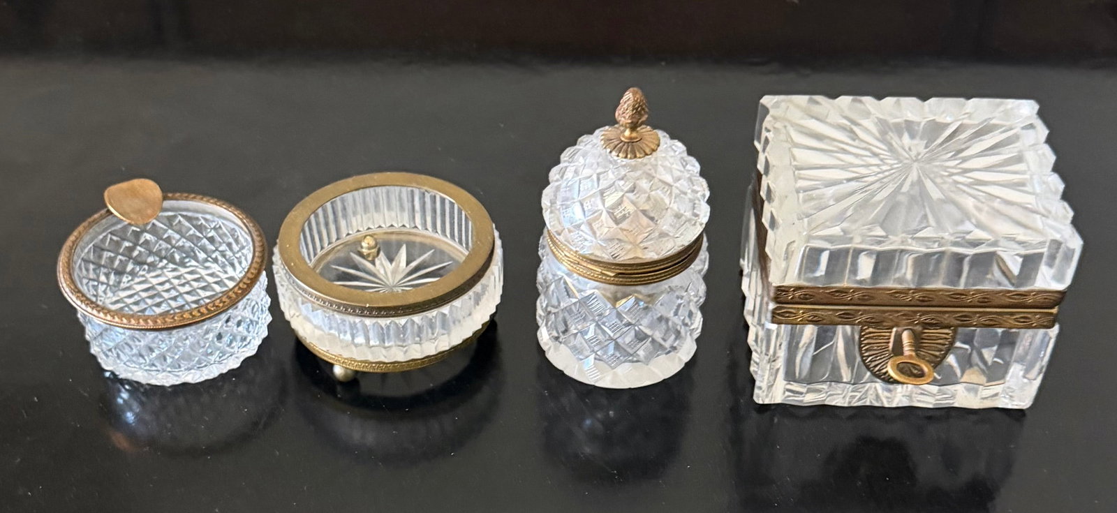 Collection of Four Antique Cut Glass and Gilt Metal Dresser Boxes, likely 19th Century - 5
