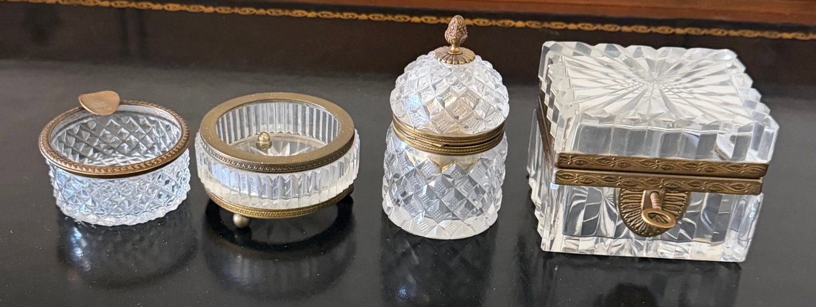 Collection of Four Antique Cut Glass and Gilt Metal Dresser Boxes, likely 19th Century - 6