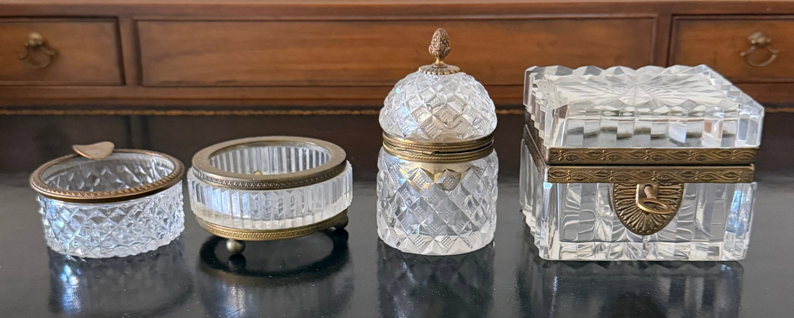 Collection of Four Antique Cut Glass and Gilt Metal Dresser Boxes, likely 19th Century - 7