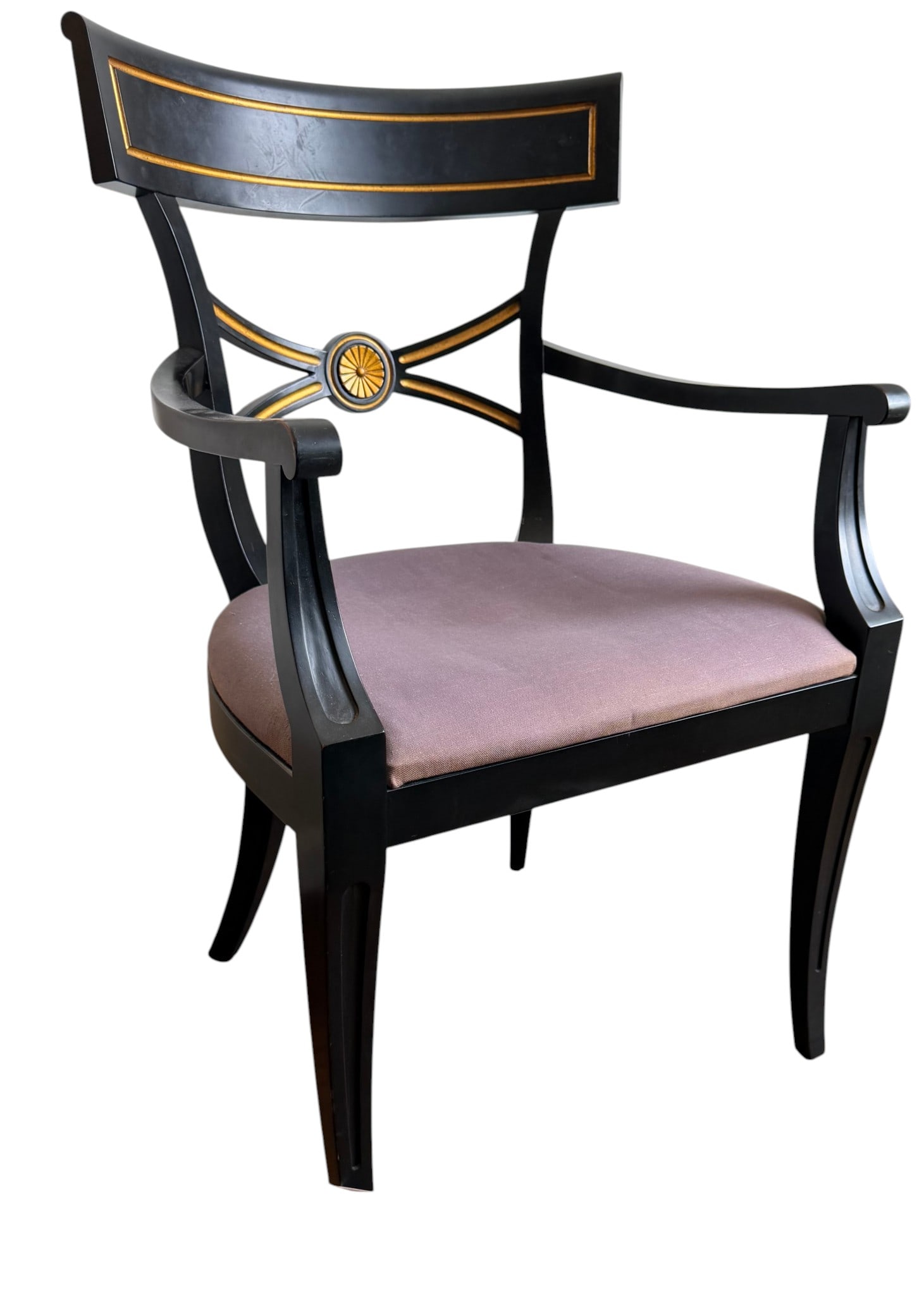 Regency Style Black and Gilt Armchair: A sophisticated Regency style armchair, likely dating from the late 20th to early 21st century. The chair features a sleek black lacquered finish accented with elegant gilt detailing. The curved top