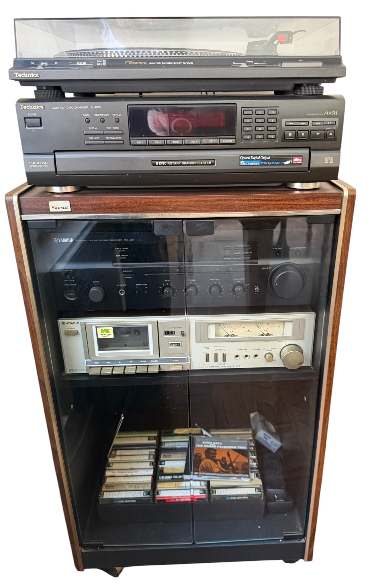 Vintage Sansui Audio Cabinet with Technics Turntable and CD Changer, Yamaha Receiver, Hitachi Cas... (1 of 3)