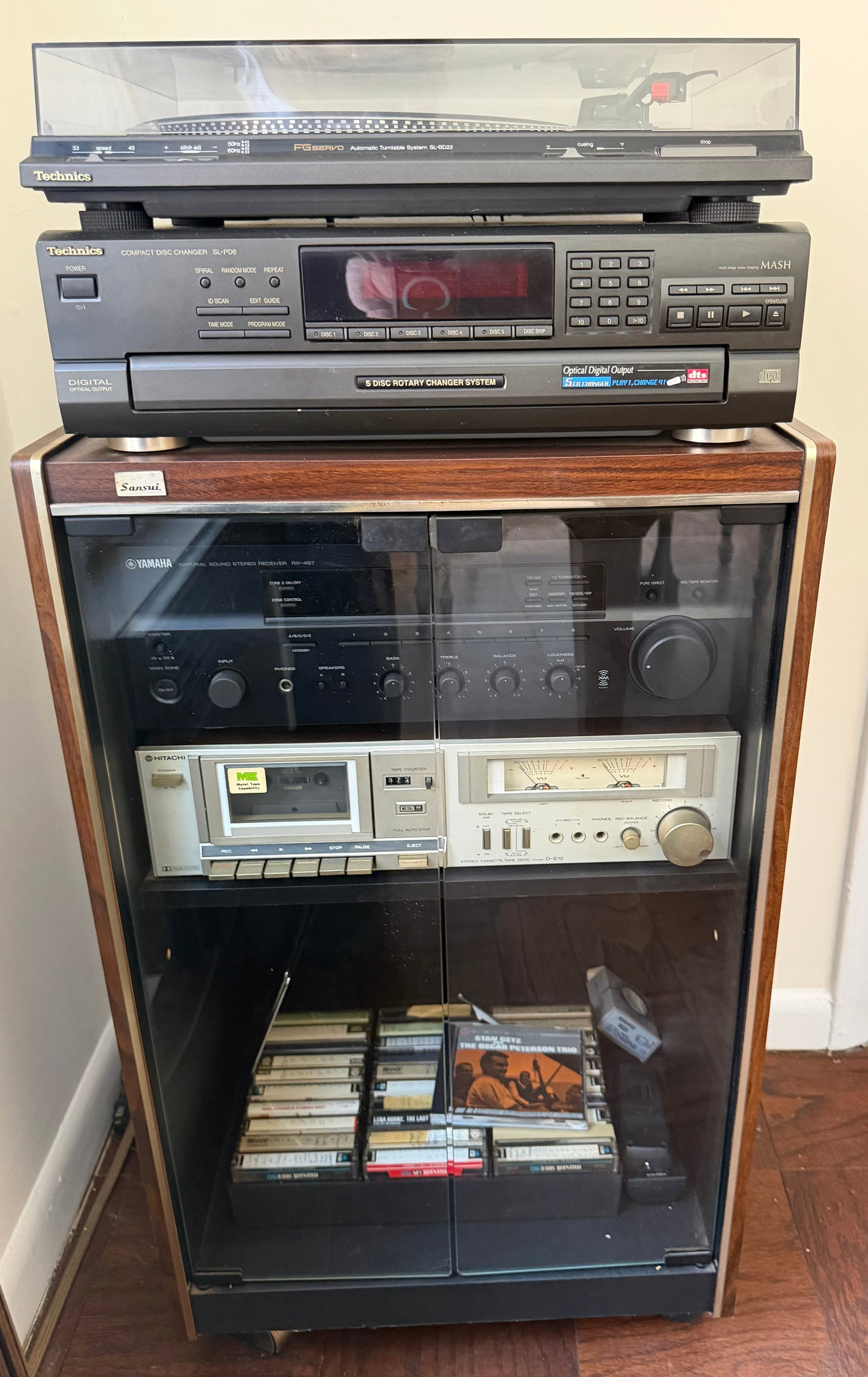 Vintage Sansui Audio Cabinet with Technics Turntable and CD Changer, Yamaha Receiver, Hitachi Cas... - 2
