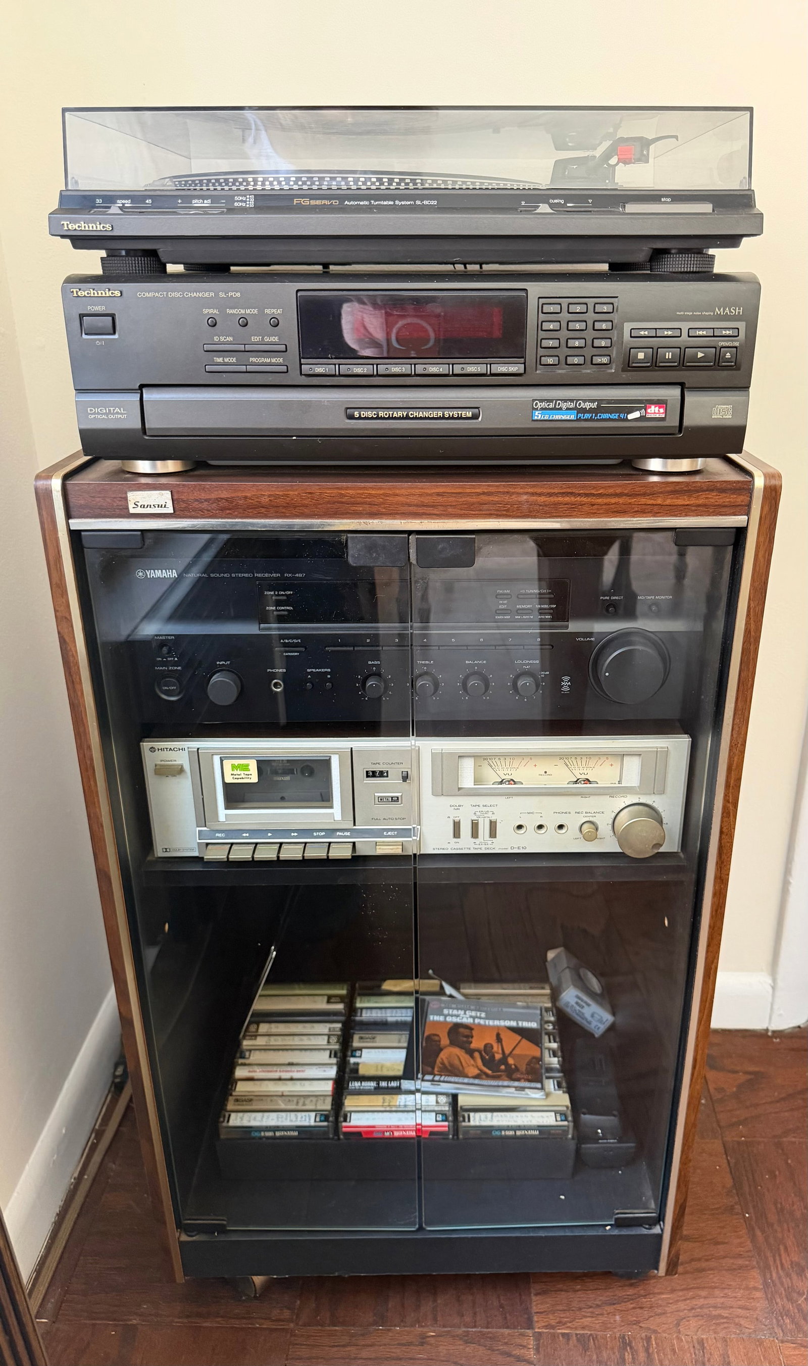 Vintage Sansui Audio Cabinet with Technics Turntable and CD Changer, Yamaha Receiver, Hitachi Cas... - 3