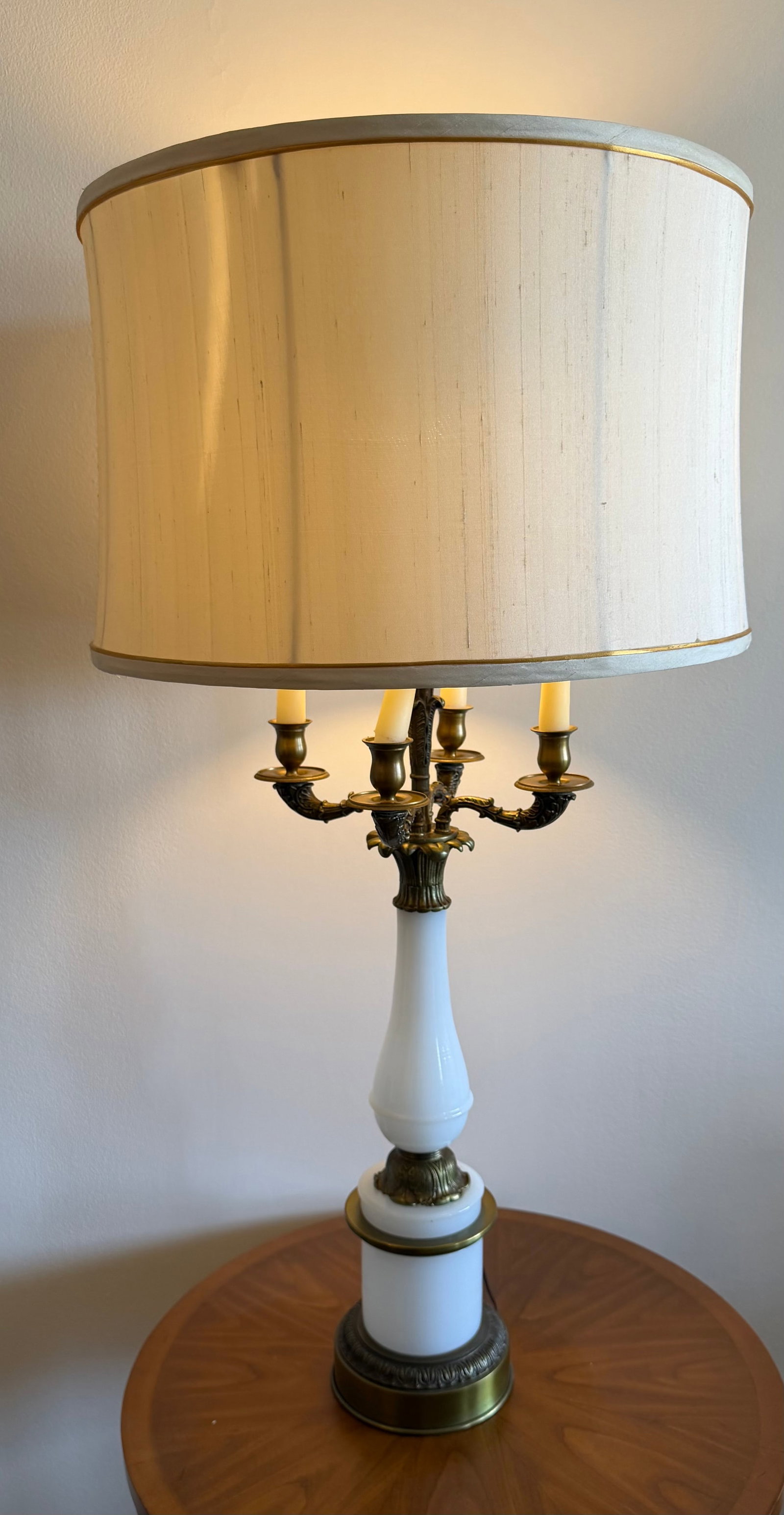 Set of Two Vintage Hollywood Regency Style Opaque White Glass & Gilt Bronze Bouillotte Table Lamp - 2