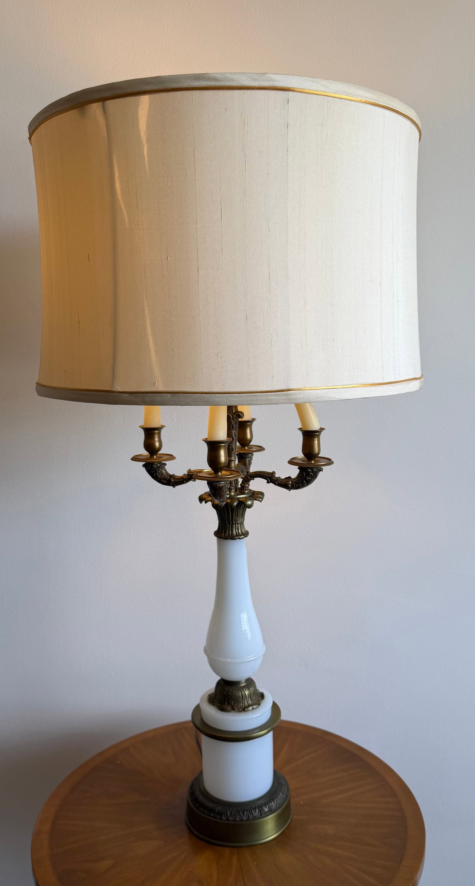 Set of Two Vintage Hollywood Regency Style Opaque White Glass & Gilt Bronze Bouillotte Table Lamp - 3