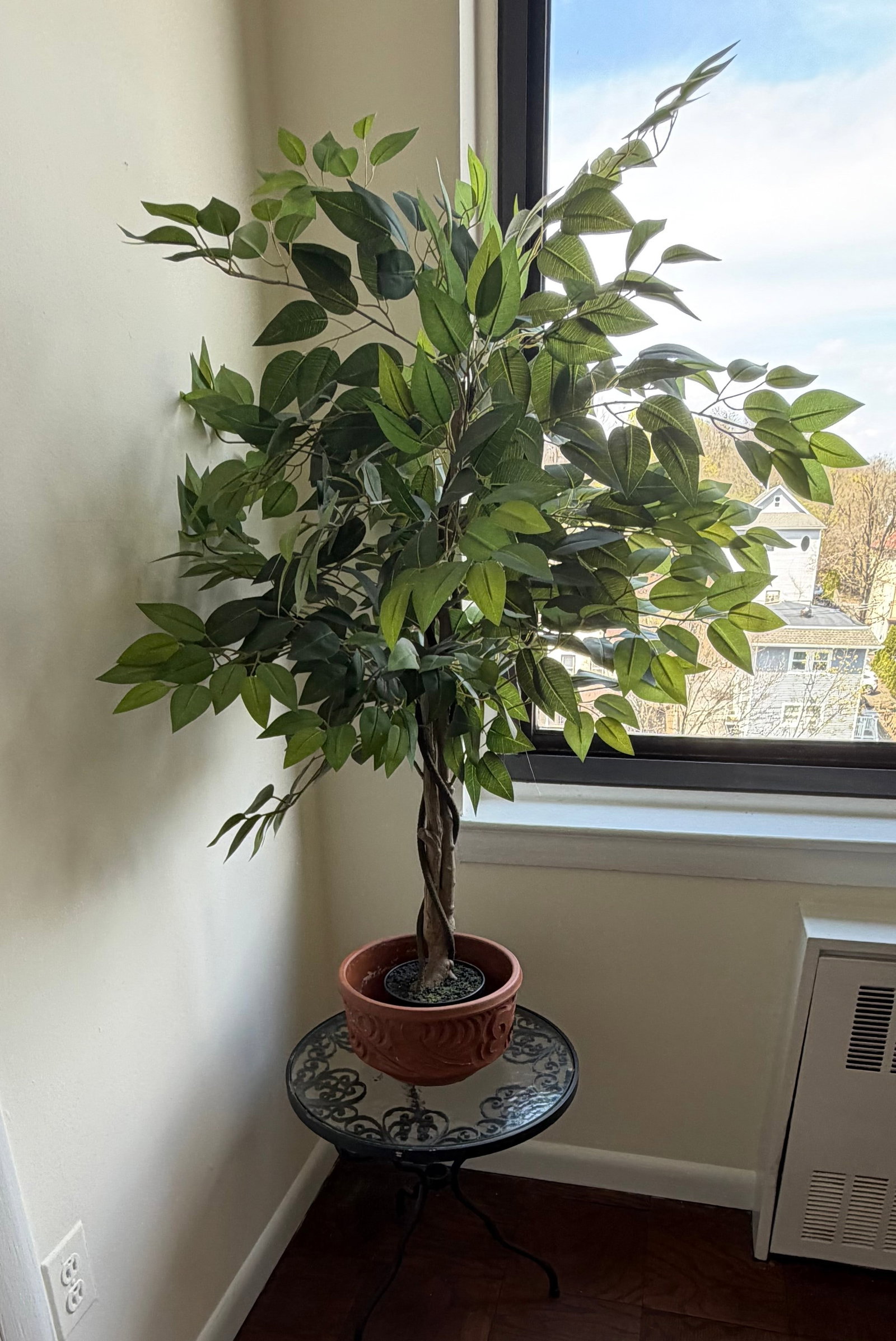 Artificial Ficus Tree in Decorative Pot on Wrought Iron Table - 2