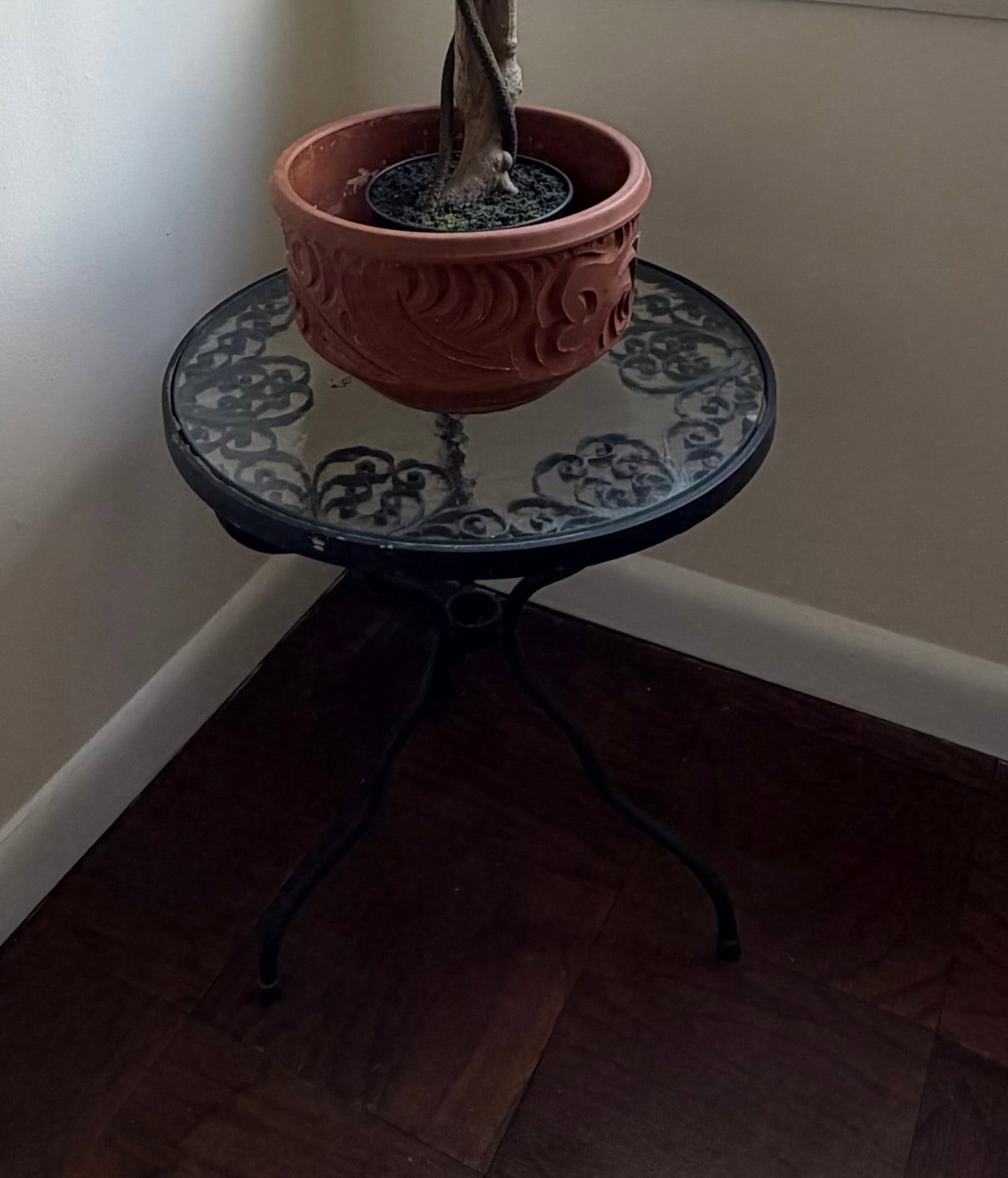Artificial Ficus Tree in Decorative Pot on Wrought Iron Table - 3