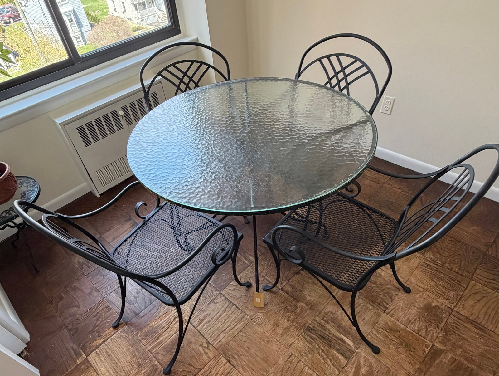 Wrought Iron Patio Dining Set with Glass Top Table and Four Chairs - 3