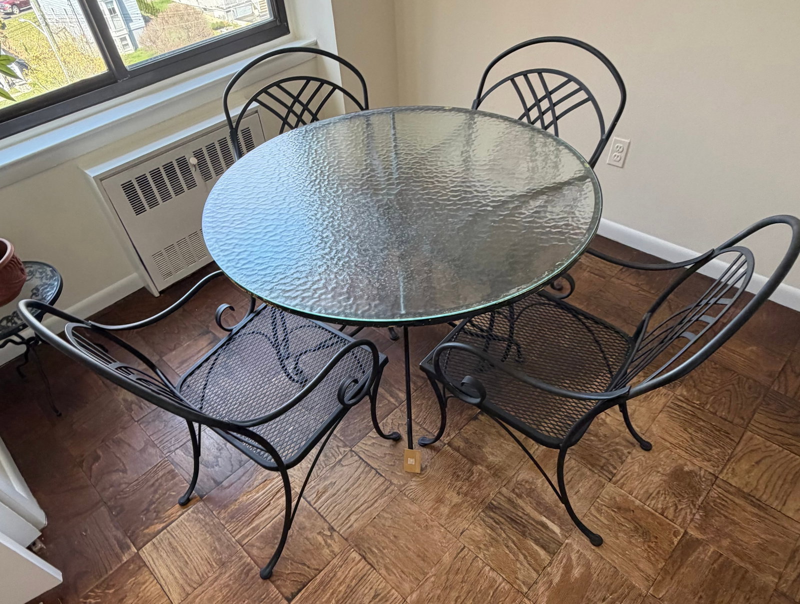 Wrought Iron Patio Dining Set with Glass Top Table and Four Chairs - 6