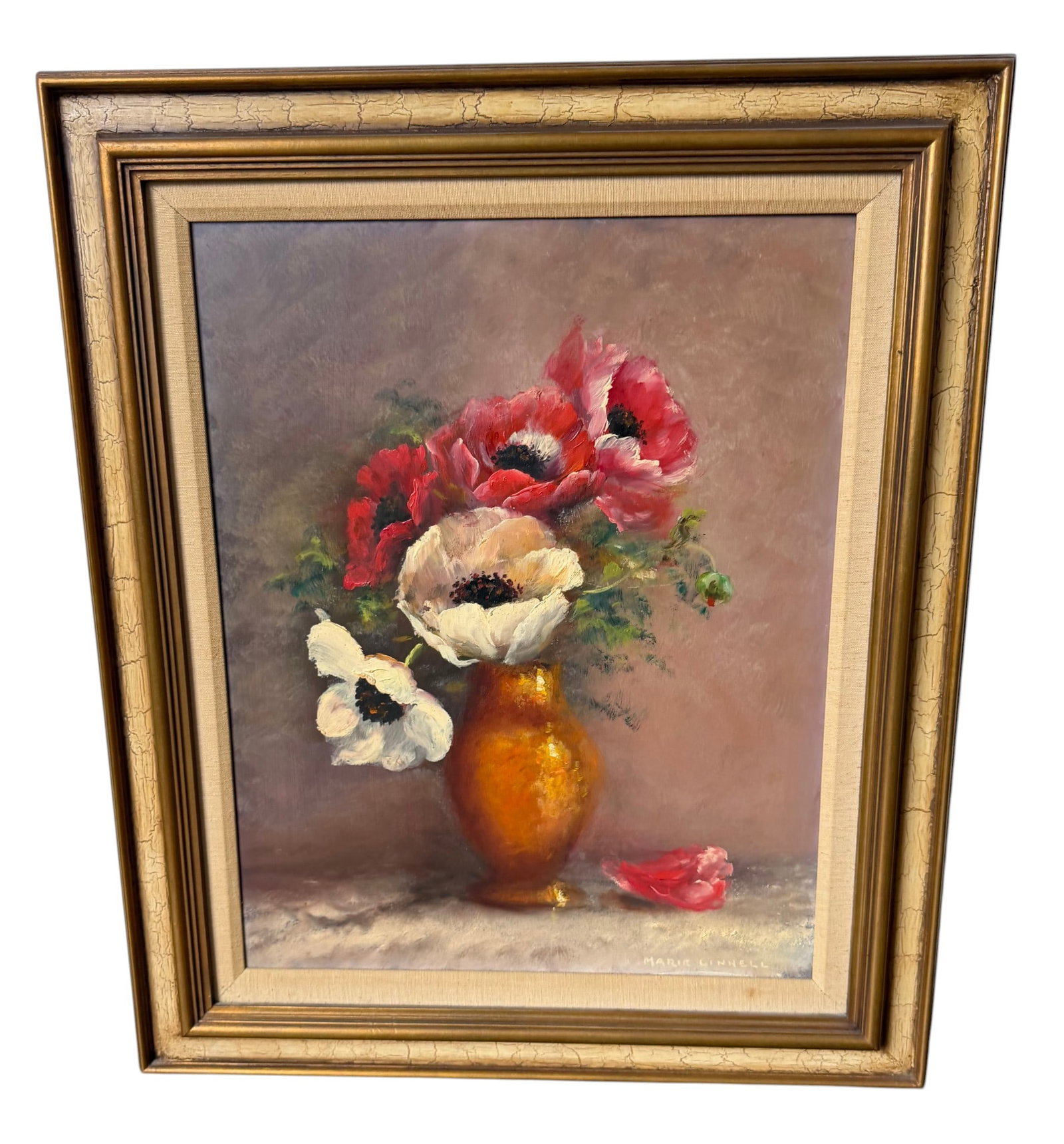 Floral Still Life Oil Painting by Marie Cinelle: An elegant floral still life oil painting by Marie Cinelle, depicting a vibrant bouquet of red and white poppies in a golden vase. The painting is rendered in a traditional, possibly mid-20th century 