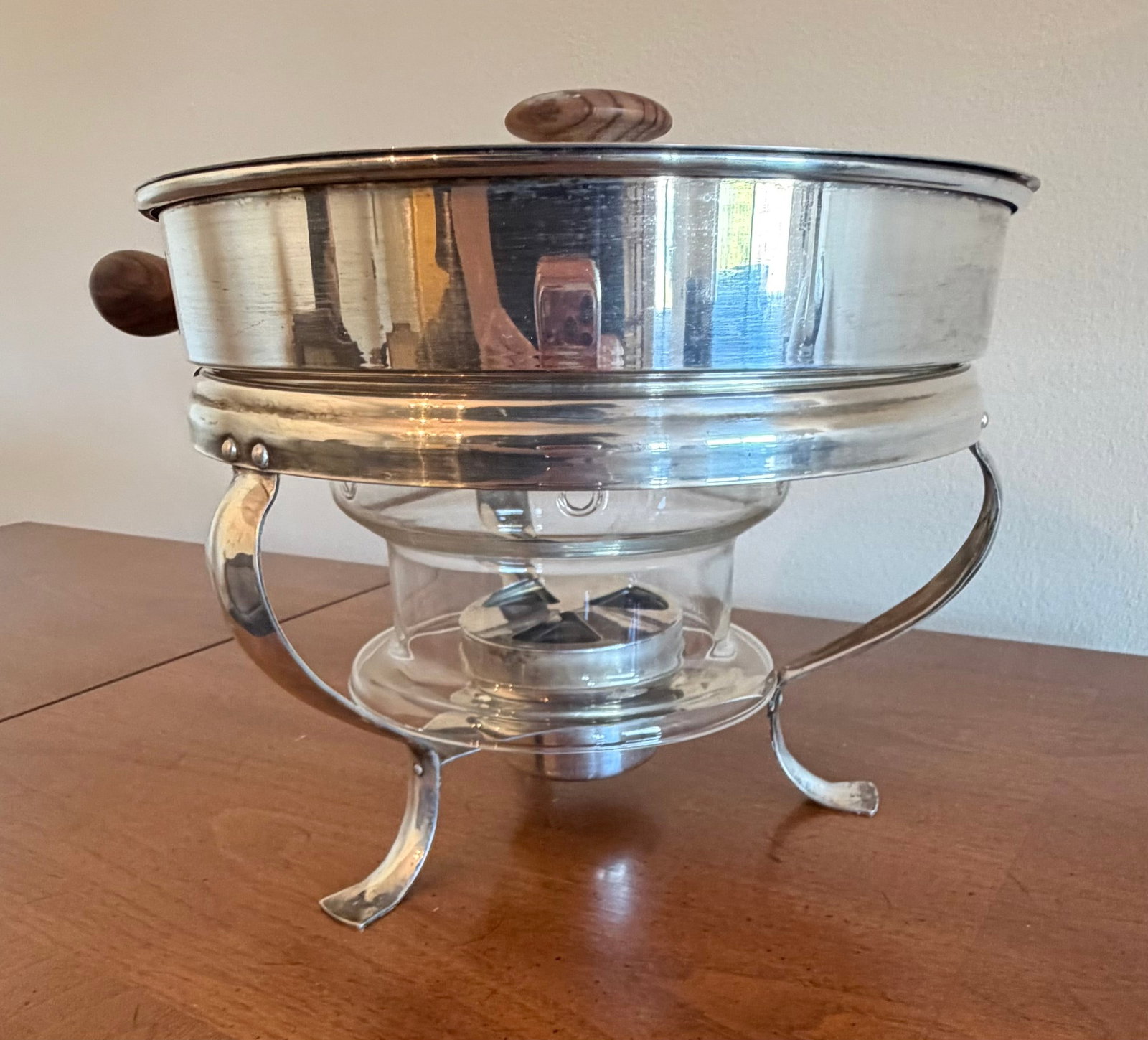 Silver-Plated Chafing Dish with Wooden Accents - 2
