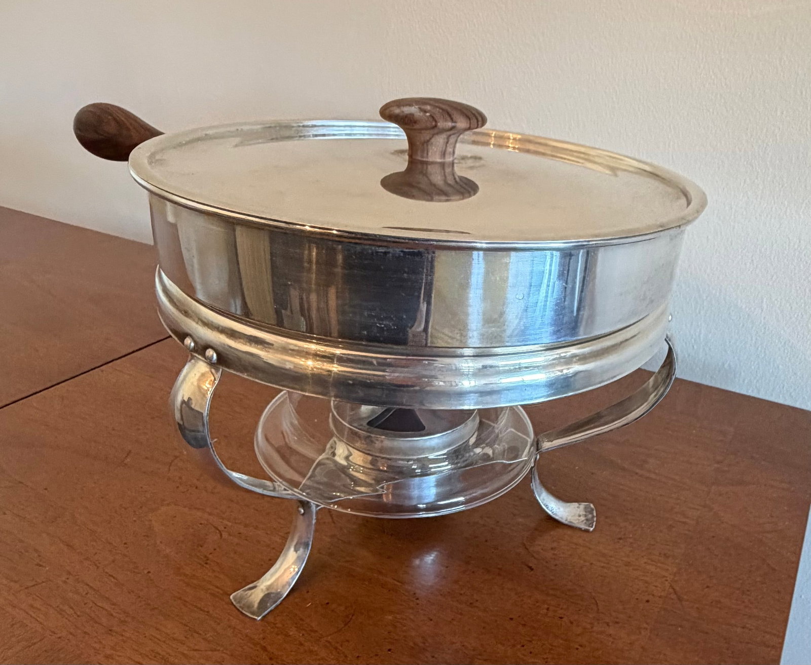 Silver-Plated Chafing Dish with Wooden Accents - 3