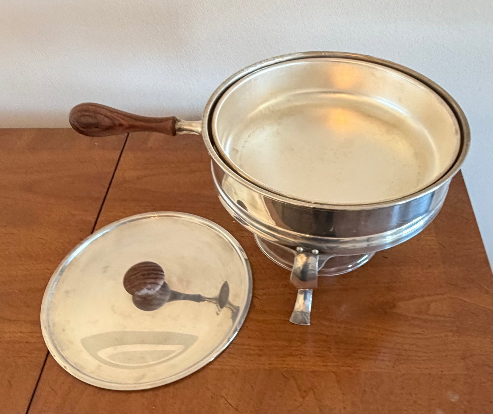Silver-Plated Chafing Dish with Wooden Accents - 4