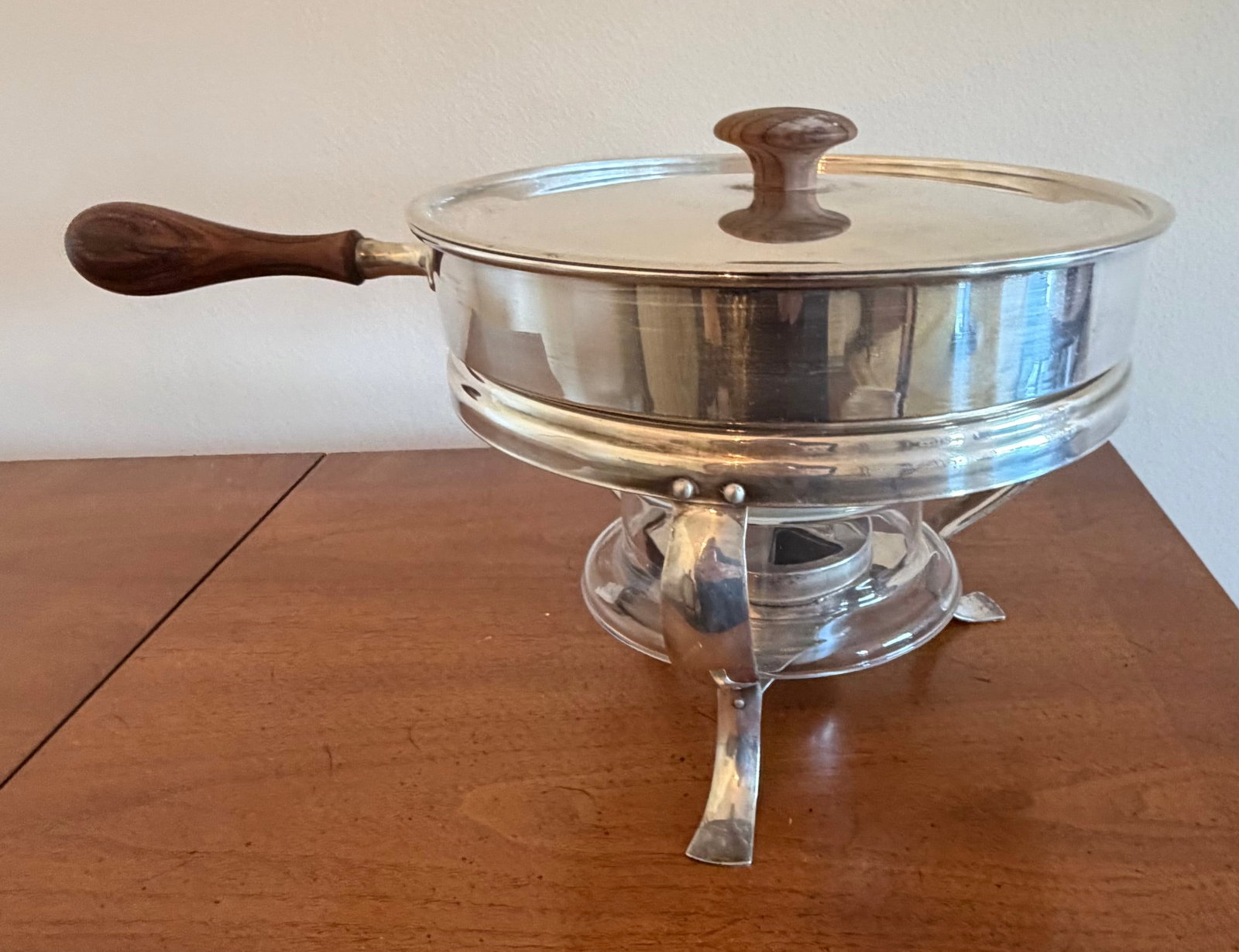 Silver-Plated Chafing Dish with Wooden Accents - 5