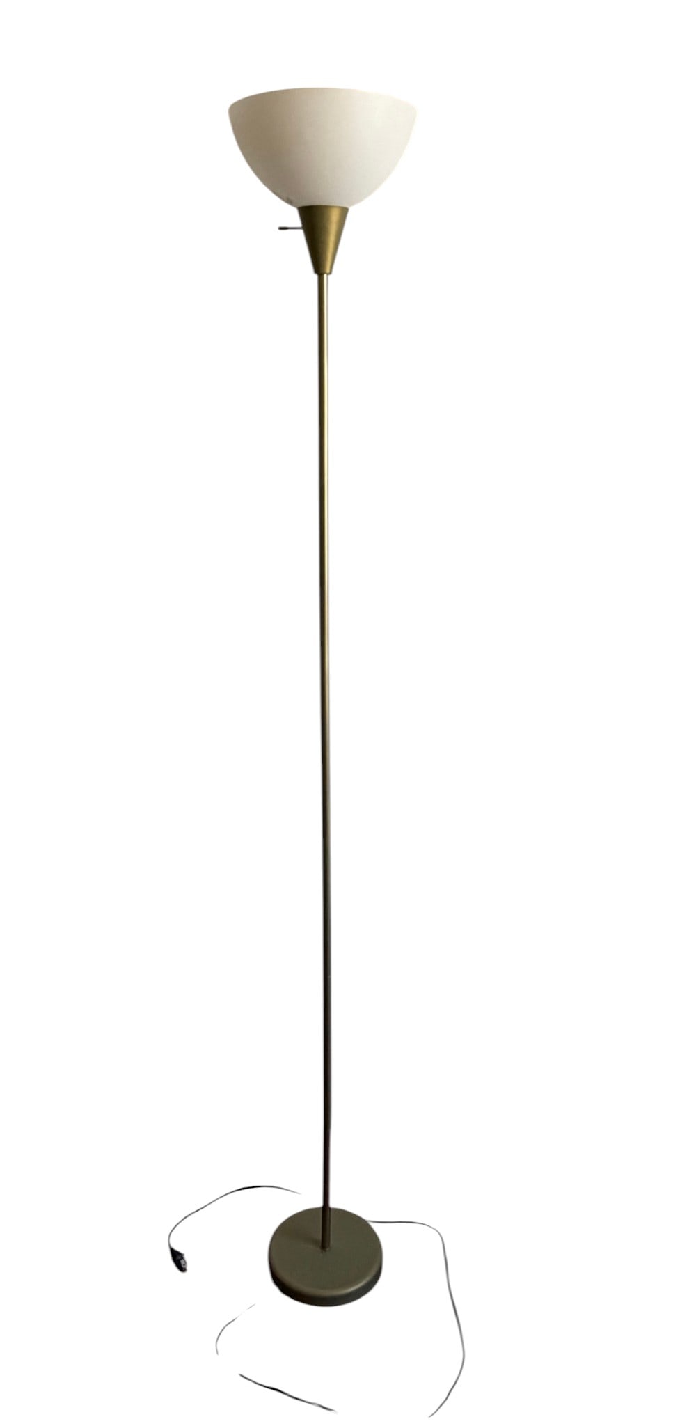 Modern Torchiere Floor Lamp, c. 1990s: This modern torchiere floor lamp, dating from the 1990s, features a brushed brass-tone metal body with a weighted circular base. The light is diffused through an opaque white glass bowl shade, offerin
