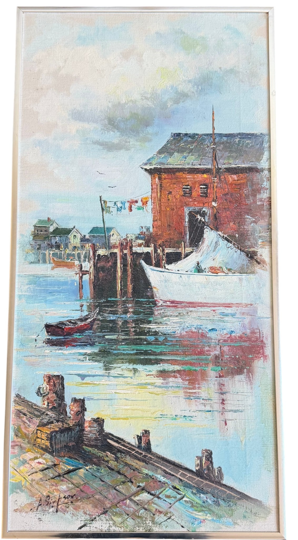 Coastal Harbor Scene Oil Painting by A. Kiel with Fishing Boats and Red Brick Building: This vibrant original oil painting by A. Kiel depicts a charming coastal harbor scene. The artwork features several boats docked, with a prominent white fishing vessel in the foreground alongside a