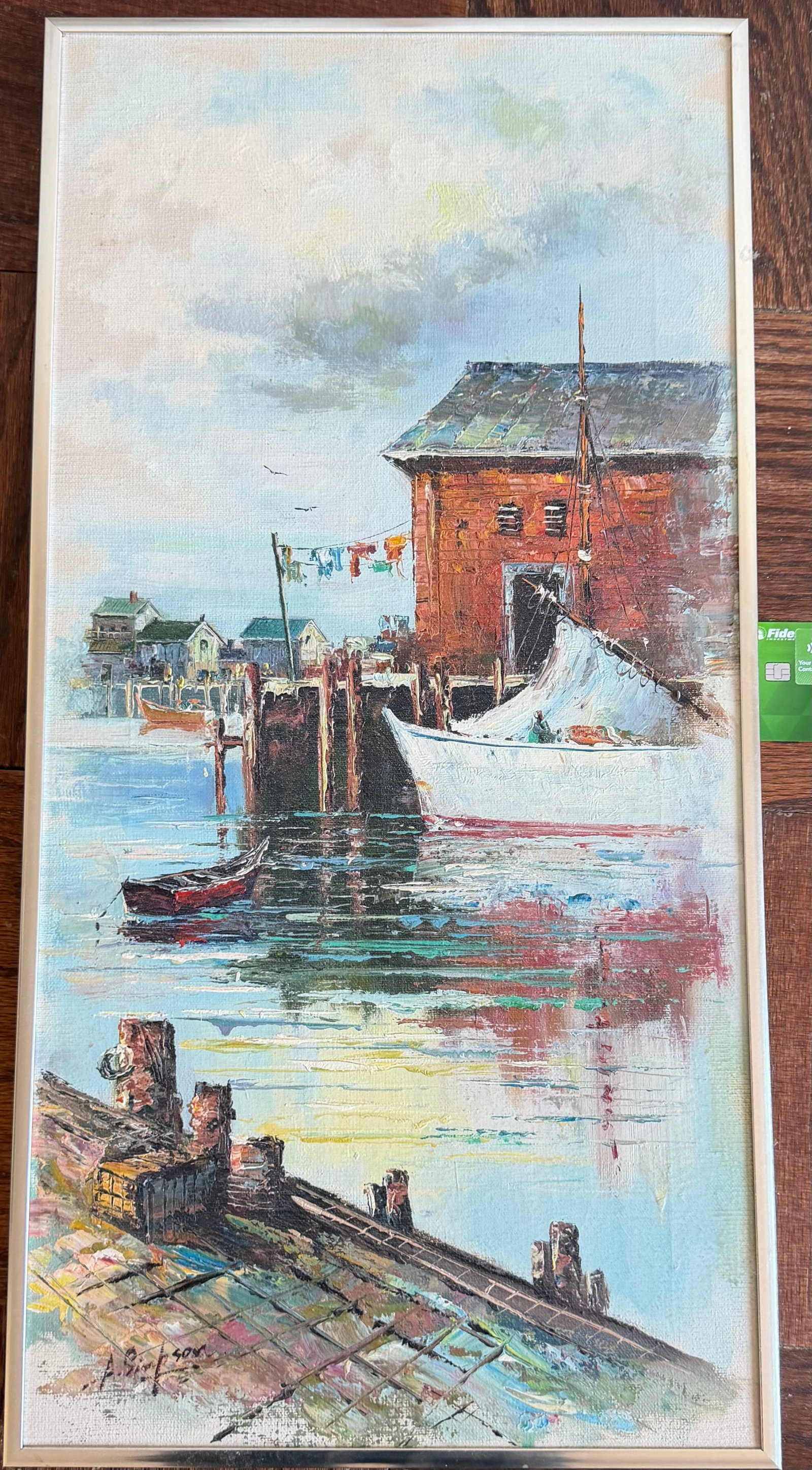 Coastal Harbor Scene Oil Painting by A. Kiel with Fishing Boats and Red Brick Building - 2