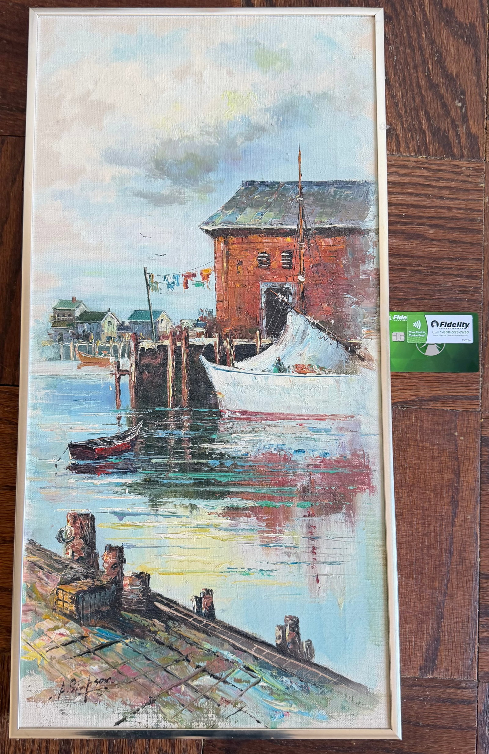 Coastal Harbor Scene Oil Painting by A. Kiel with Fishing Boats and Red Brick Building - 3