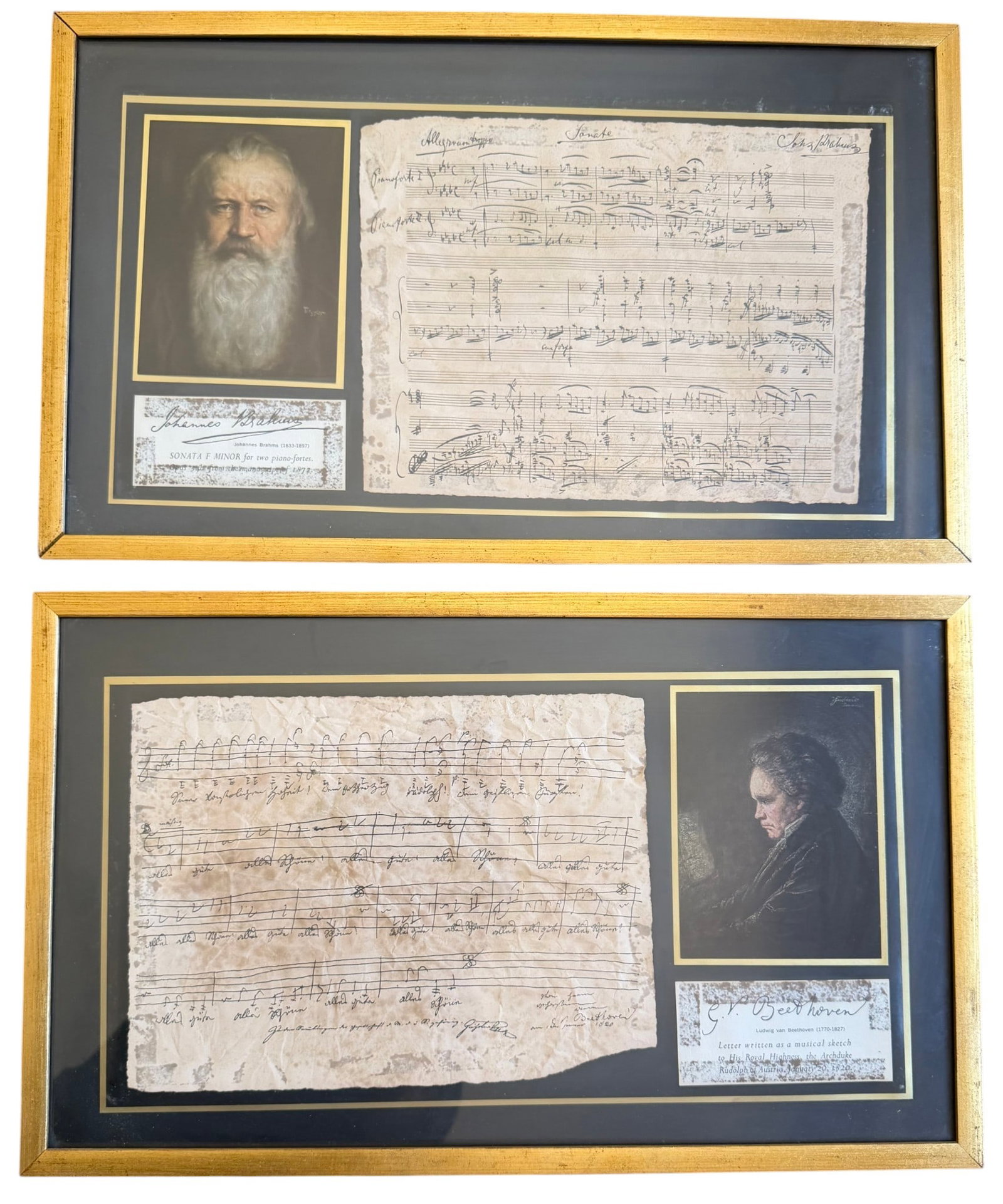 Pair of Framed Musical Manuscript Replicas, Brahms and Beethoven: A pair of framed decorative wall hangings, each featuring a replica of an original musical manuscript alongside a printed portrait of the respective composer. One frame showcases a portrait of