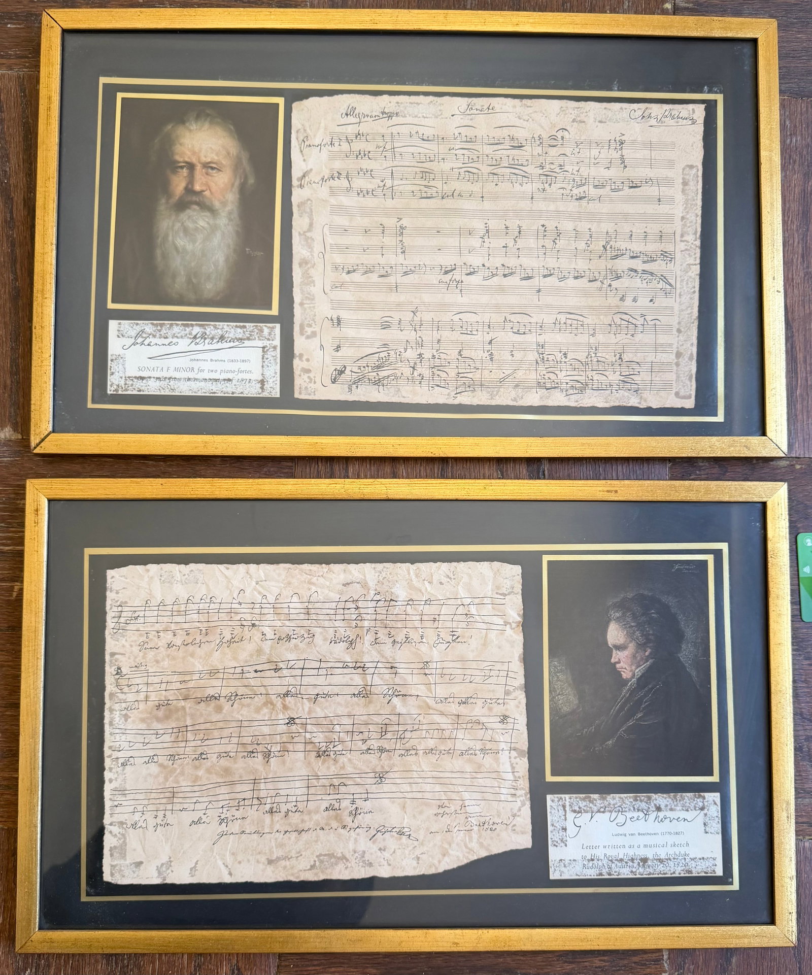 Pair of Framed Musical Manuscript Replicas, Brahms and Beethoven - 2