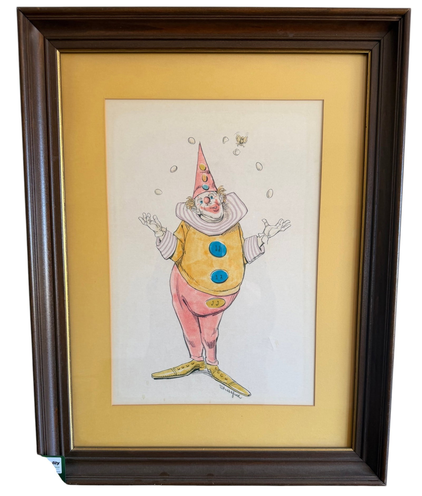 Signed Vintage "Juggling Clown" Watercolor Painting: A whimsical hand-painted watercolor on paper depicting a jovial clown juggling, signed by the artist "Shartford". The clown is dressed in a traditional circus costume with a pointed hat, ruffled colla