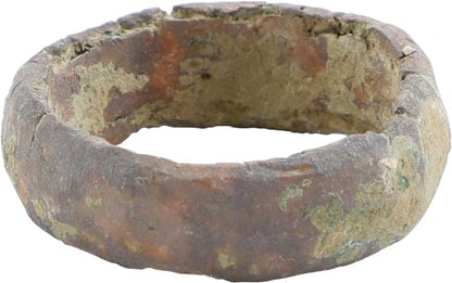 VIKING WARRIOR’S WEDDING RING AS FOUND, 900-1050 AD, SIZE 5 1/2: Title: VIKING WARRIOR’S WEDDING RING AS FOUND, 900-1050 AD, SIZE 5 1/2 Description: Bronze, size 5 ½ for the small finger as was the custom. 6.5mm width with rounded face. Made with a core 