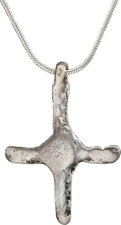 EUROPEAN CROSS NECKLACE, 12TH-14TH CENTURY: Title: EUROPEAN CROSS NECKLACE, 12TH-14TH CENTURY Description: Silvered bronze, about 1 1/8" height plus the suspension loop. The crossbeam centered and the beam ends ribbed, degenerated from the Jeru