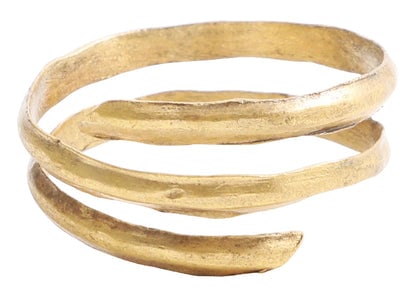 VIKING COIL RING, 9TH-10TH CENTURY, SIZE 12: Title: VIKING COIL RING, 9TH-10TH CENTURY, SIZE 12 Description: Gilt bronze, two-and-a-sixth turns, and 9.1mm maximum width. Size 12 single band, flat on the back with ridged medial to the front. The 