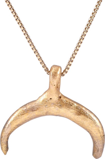 VIKING LUNAR PENDANT C.900-1000 AD.: Title: VIKING LUNAR PENDANT C.900-1000 AD. Description: 7/8" total height. Fine crescent form. As expert navigators, the constellations signified mystery and power to Vikings. The Moon was personified