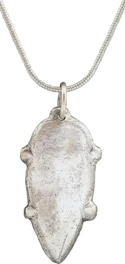 VIKING HEART PENDANT NECKLACE, C.800-900 AD: Title: VIKING HEART PENDANT NECKLACE, C.800-900 AD Description: A good example in its early form. Elongated form with natural rounded (uncusped) top. The quarter points nubbed describe a saltire. 1 1/