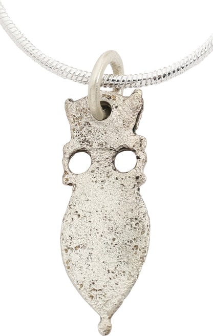 EUROPEAN WOMAN's NECKLACE PENDANT C.1250-1450: Title: EUROPEAN WOMAN's NECKLACE PENDANT C.1250-1450 Description: Silvered bronze, over 7/8" height. Of armorial form, possibly representing "Greek fire" which would indicate Crusaders among the foreb