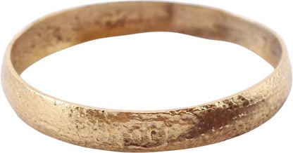 VIKING WEDDING RING, 900-1050 AD, SIZE 10 3/4.: Title: VIKING WEDDING RING, 900-1050 AD, SIZE 10 3/4. Description: Large size 10 3/4, 3.2mm width. Low rounded section. Surface textured from burial. Professionally refurbished with the 24karat gold s