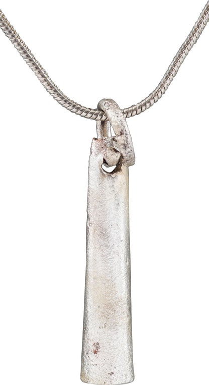 VIKING TUBULAR PENDANT NECKLACE, 9TH-11TH CENTURY AD: Title: VIKING TUBULAR PENDANT NECKLACE, 9TH-11TH CENTURY AD Description: Over 1" (1.03”) length, of elegantly tapered cylindrical form with skillfully crafted butted seam at the back. With its o