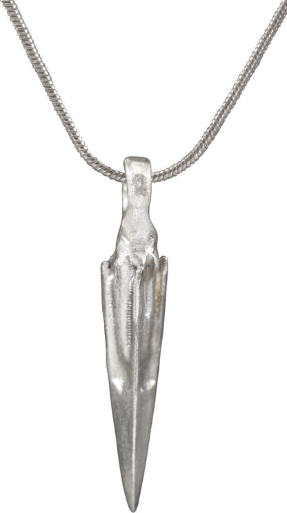 ROMAN ARROWHEAD PENDANT, 3RD-5TH CENTURY AD: Title: ROMAN ARROWHEAD PENDANT, 3RD-5TH CENTURY AD Description: The period of the fall of Rome and loss of power to Germanic Barbarians. Just over 1” length plus the suspension loop. Usually los