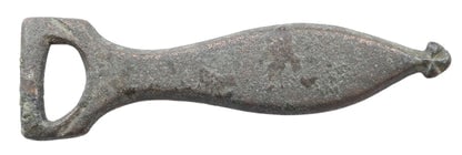 ROMAN LEGIONARY’S SWORD BELT TERMINAL, SECOND CENTURY AD: Title: ROMAN LEGIONARY’S SWORD BELT TERMINAL, SECOND CENTURY AD Description: Bronze, tear drop form, just over 1 1/2” (1.54”) length. Elegantly made with short spurs at the loop and 
