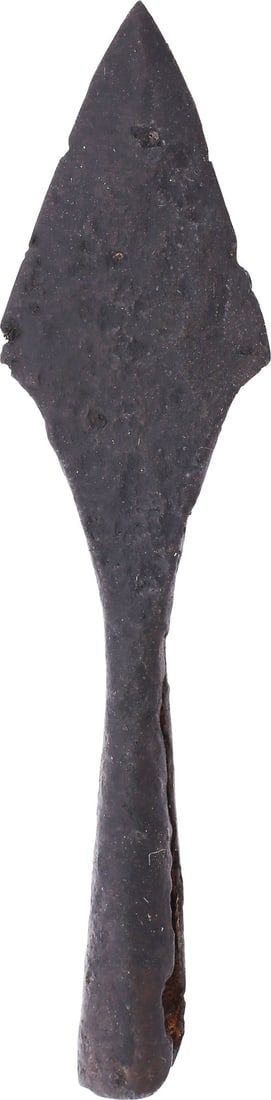 FINE VIKING SOCKETED ARROWHEAD C.866-1067 AD: Title: FINE VIKING SOCKETED ARROWHEAD C.866-1067 AD Description: Danelaw England. Finely forged iron, 3 5/8" length. The point, thin and flat both sides. A flesh cutter for surprised raiding as was do