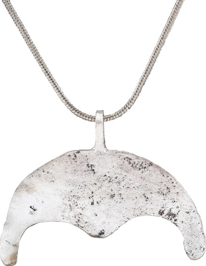 RARE VIKING LUNAR PENDANT NECKLACE, 9TH-10TH CENTURY AD: Title: RARE VIKING LUNAR PENDANT NECKLACE, 9TH-10TH CENTURY AD Description: Slightly under 1 ½” (1.46”) width. Bronze, cast, and chased as the crescent moon with broad raised edges an