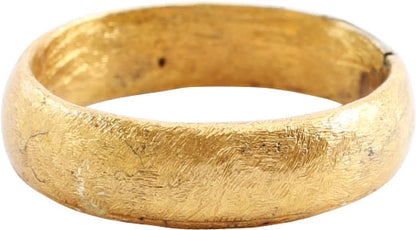 VIKING WOMAN’S WEDDING RING, 9TH-11TH CENTURY AD, SIZE 7 3/4: Title: VIKING WOMAN’S WEDDING RING, 9TH-11TH CENTURY AD, SIZE 7 3/4 Description: Cambridgeshire, England, 9th-11th century AD. Gilt bronze, size 7 3/4. 5.4mm width band with well rounded face.