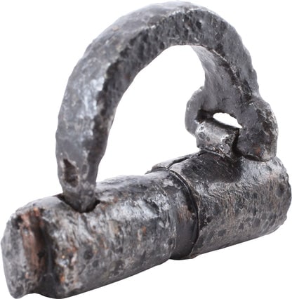 RARE VIKING PADLOCK C.900-1000 AD: Title: RARE VIKING PADLOCK C.900-1000 AD Description: 1 7/8" length. Cylindrical body reinforced both ends and hinged flattened shackle with hooked tip. Surface with stable heavy rust from burial but 