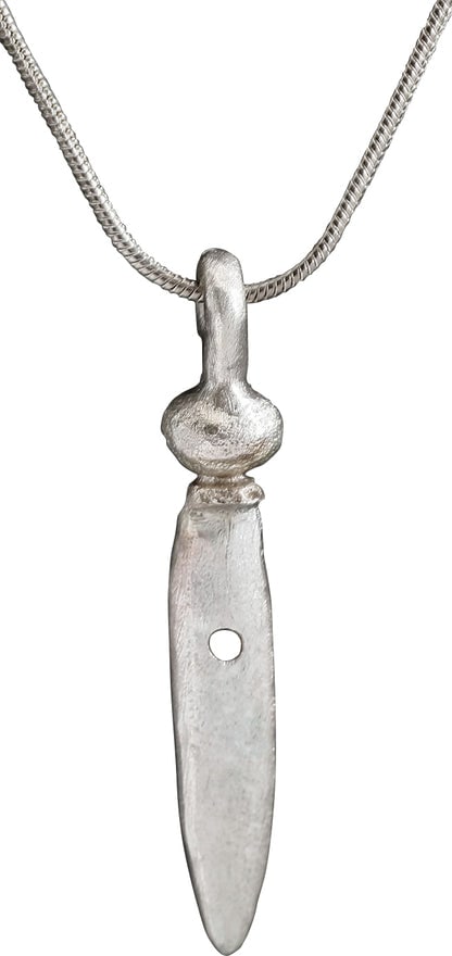 ROMAN GLADIUS PENDANT NECKLACE, 1ST-3RD CENTURY AD: Title: ROMAN GLADIUS PENDANT NECKLACE, 1ST-3RD CENTURY AD Description: The period of Christ, and the persecution of Christians. Just over 1 1/4" in length. The hilt with medially ridged bulbous