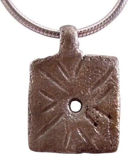 ROMAN PAGAN PENDANT NECKLACE C.100BC-200AD: Title: ROMAN PAGAN PENDANT NECKLACE C.100BC-200AD Description: Silvered bronze, a little over ½" square, and represents the field for "taking the auspices" which is the interpretation of the