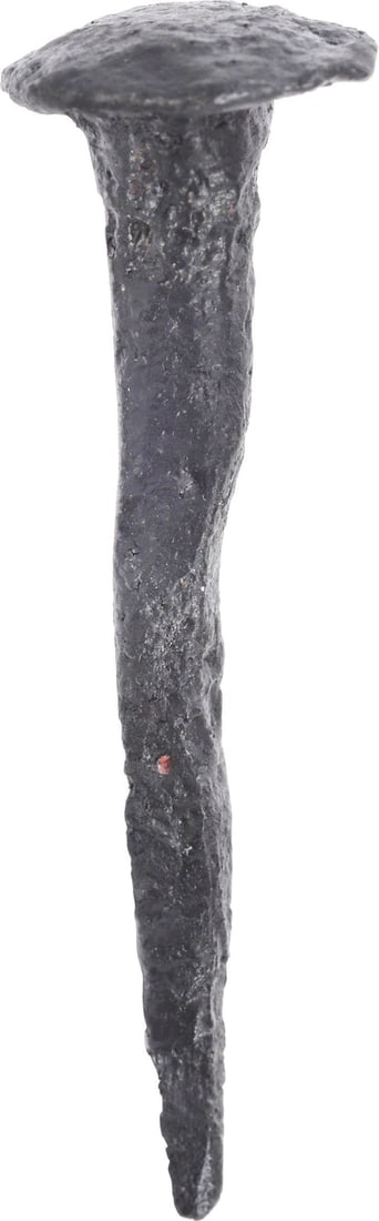 ROMAN “CRUCIFIXION” NAIL, 1ST-2ND CENTURY AD: Title: ROMAN “CRUCIFIXION” NAIL, 1ST-2ND CENTURY AD Description: Forged iron, over 2 1/4” (2.30”) length with an overbroad square head and long thin spike. Archeological eviden
