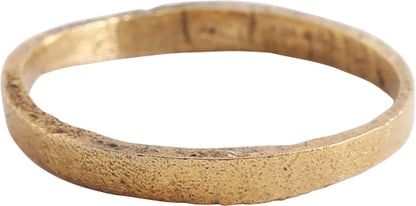 VIKING WOMAN'S WEDDING RING, 850-1050 AD SIZE 3 3/4: Title: VIKING WOMAN'S WEDDING RING, 850-1050 AD SIZE 3 3/4 Description: Late 9th-early 11th century AD. Gilt bronze, size 3 ¾ for the small finger as was the custom. 2.0mm width flat-faced band. 