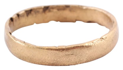 VIKING WOMAN’S WEDDING RING 9TH-11TH CENTURY AD, SIZE 9 1/4: Title: VIKING WOMAN’S WEDDING RING 9TH-11TH CENTURY AD, SIZE 9 1/4 Description: 9th-11th century AD, Gilt bronze with low rounded face. 3.3mm width, size 9 1/4. Cast with a central core to distr