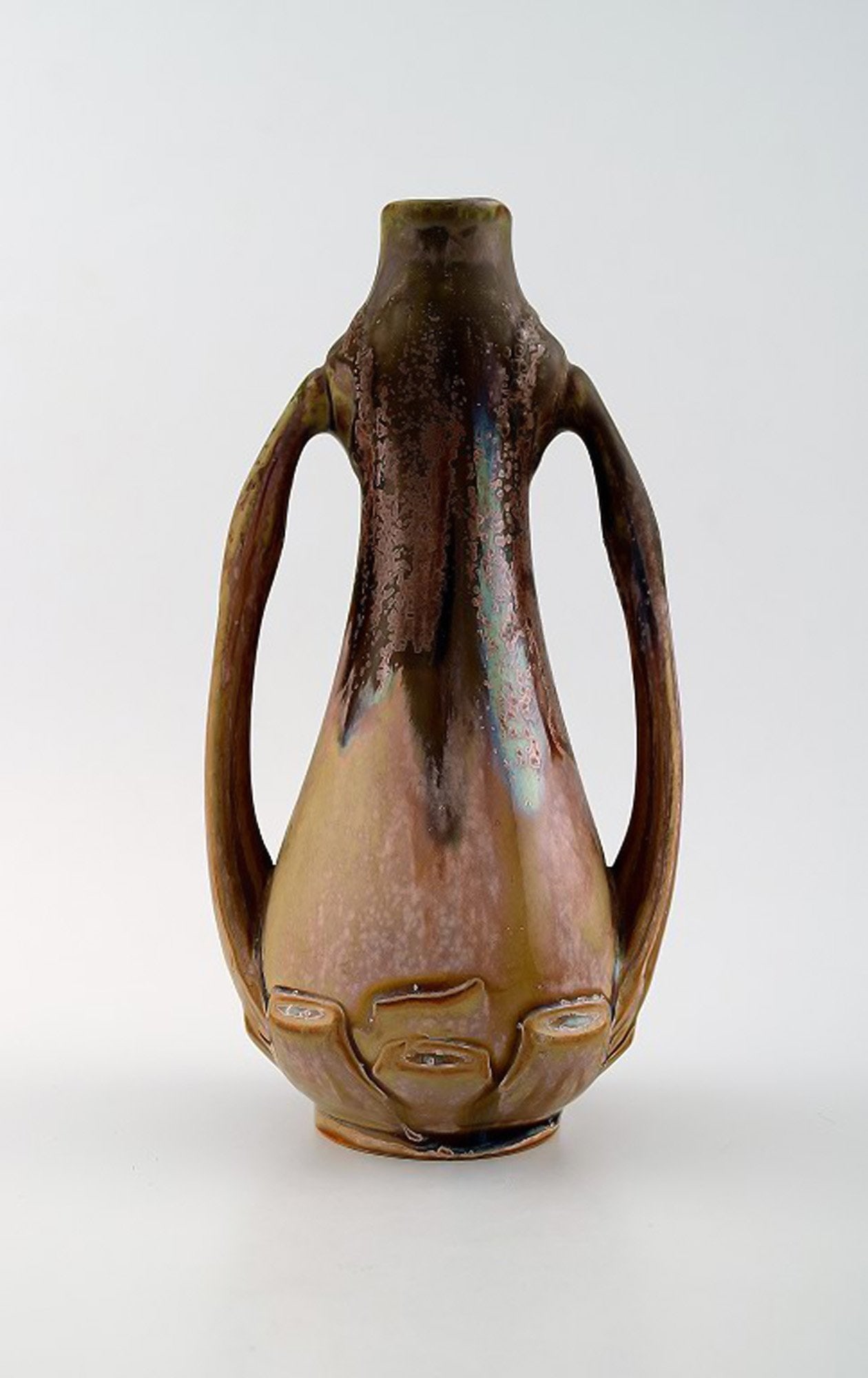 French Art Nouveau ceramic vase, Denbac (1909-1952) produced in Vierzon.: Brand: Various French Art Nouveau ceramic vase, Denbac (1909-1952) produced in Vierzon. Approximately 1920 s. Signed. Beautiful polychrome glaze. Measures 23 cm. x 12 cm. In perfect condition.