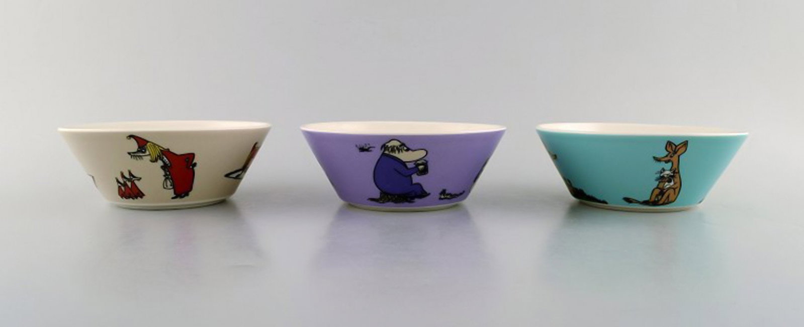 Arabia, Finland. Three porcelain bowls with motifs from "Moomin". Late 20th century.: Brand: Arabia Arabia, Finland. Three porcelain bowls with motifs from "Moomin". Late 20th century. Reserve: $238.00 Shipping: Domestic: Shipping rates are determined by destination International: