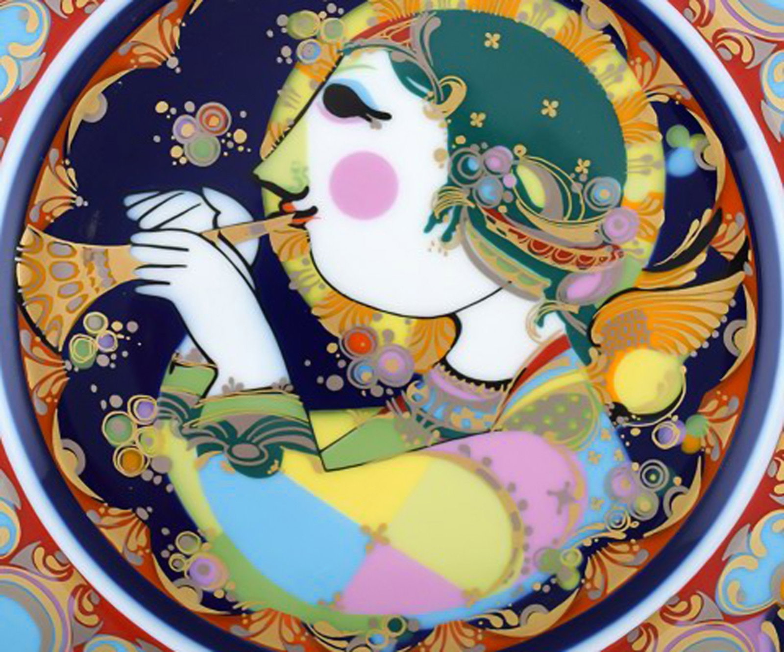 Rare hand painted Rosenthal Bjørn Wiinblad Christmas plate from 1976. "Angel with trumpet". - 2