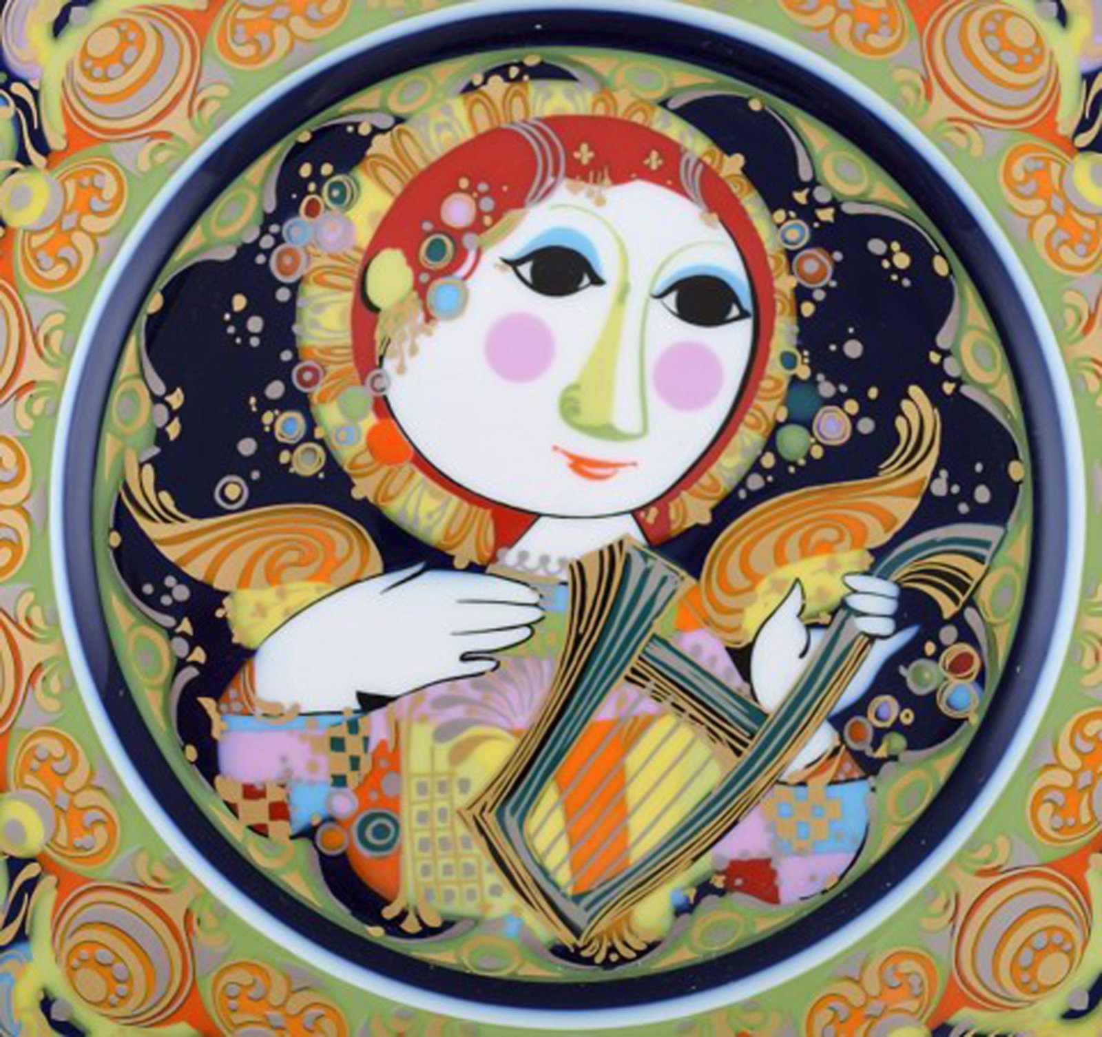 Rare hand painted Rosenthal Bjørn Wiinblad Christmas plate from 1978. "Angel with harp". - 2